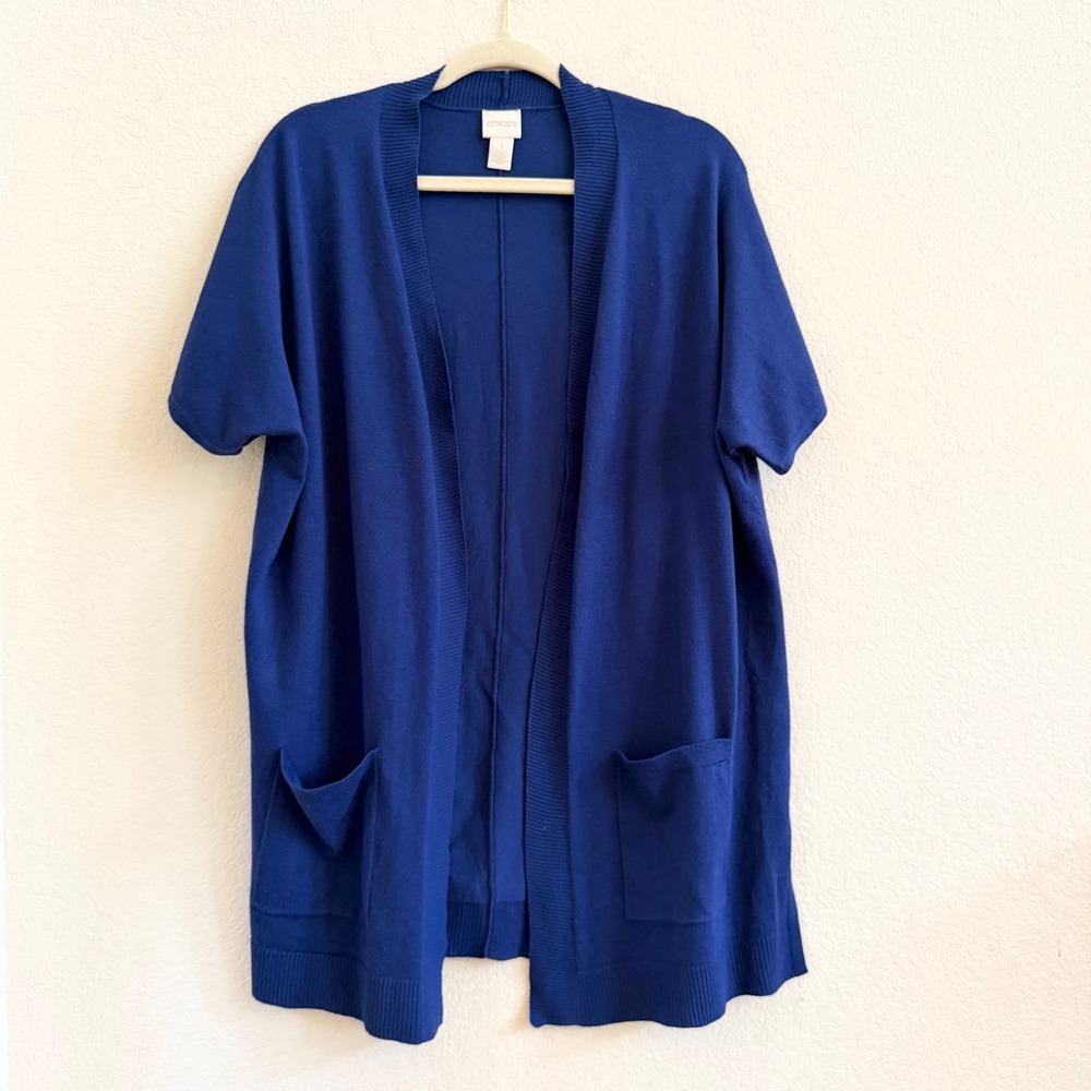 Chico's Royal Blue Open Front Short Sleeve Cardigan Pockets Size 1 Medium Knit